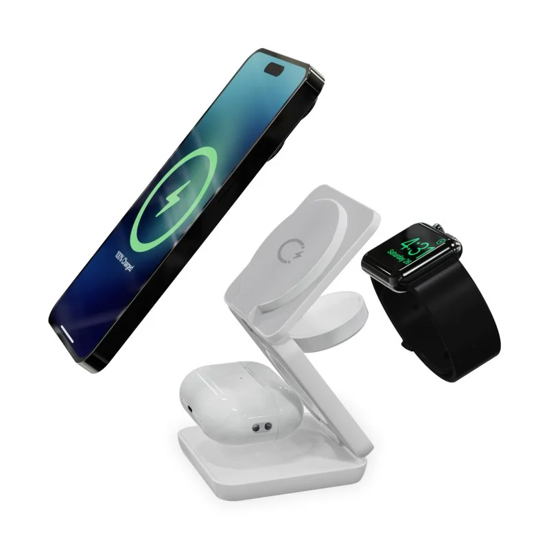 Detalle de Ksix Cube 3 en 1: Cargador Inalámbrico MagSafe y Qi + Apple Watch y AirPods – Blanco