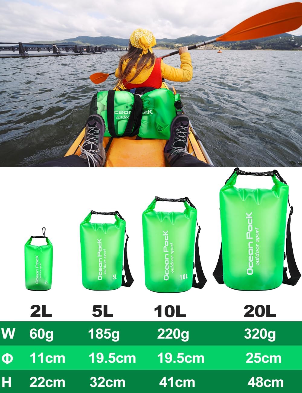 Thumbnail 1 de Henrycares Waterproof Dry Bag 20L / 10L / 5L – Durable PVC, Lightweight, with Phone Dry Bag and Adjustable Shoulder Strap (Green, 10L highlighted)