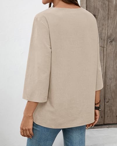 Thumbnail 3 de Rapbin Women's Tops 3/4 Sleeve Cotton Linen V-Neck Boho Lace Blouse