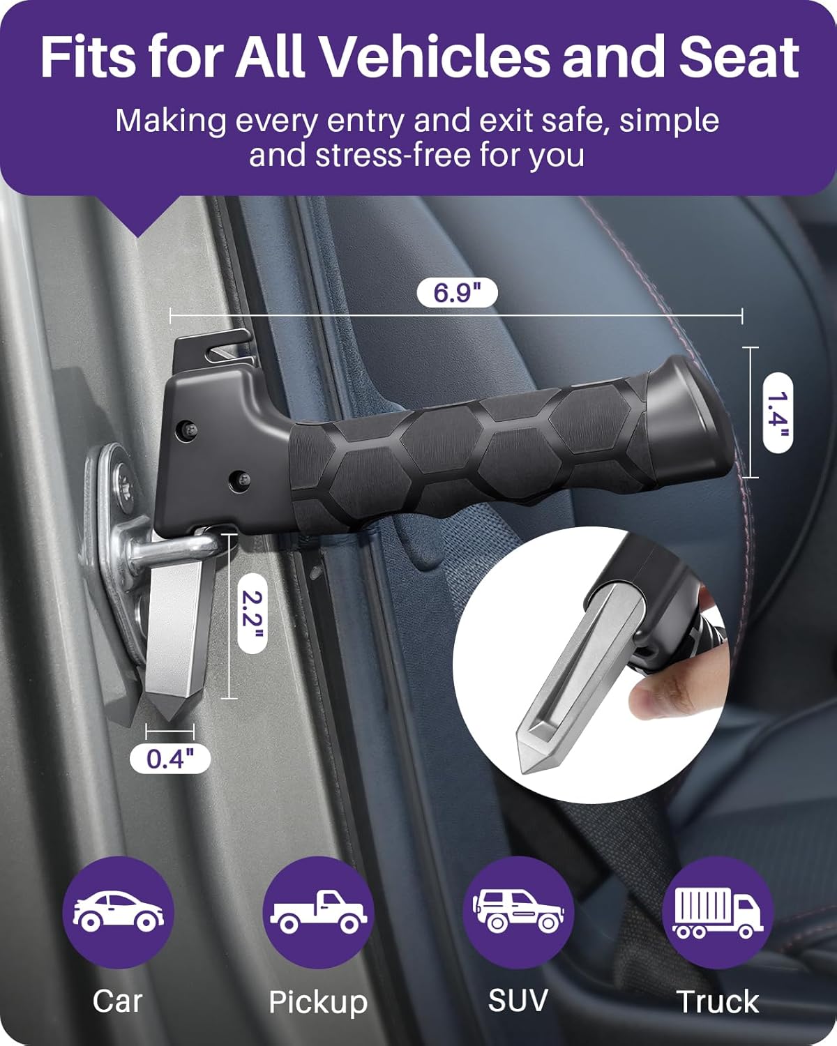 Detalle 2 de Kekoy 4 in 1 Car Door Handle for Disabled (2 Pack) – All‑Round Mobility Aid with Window Breaker & Seat Belt Cutter