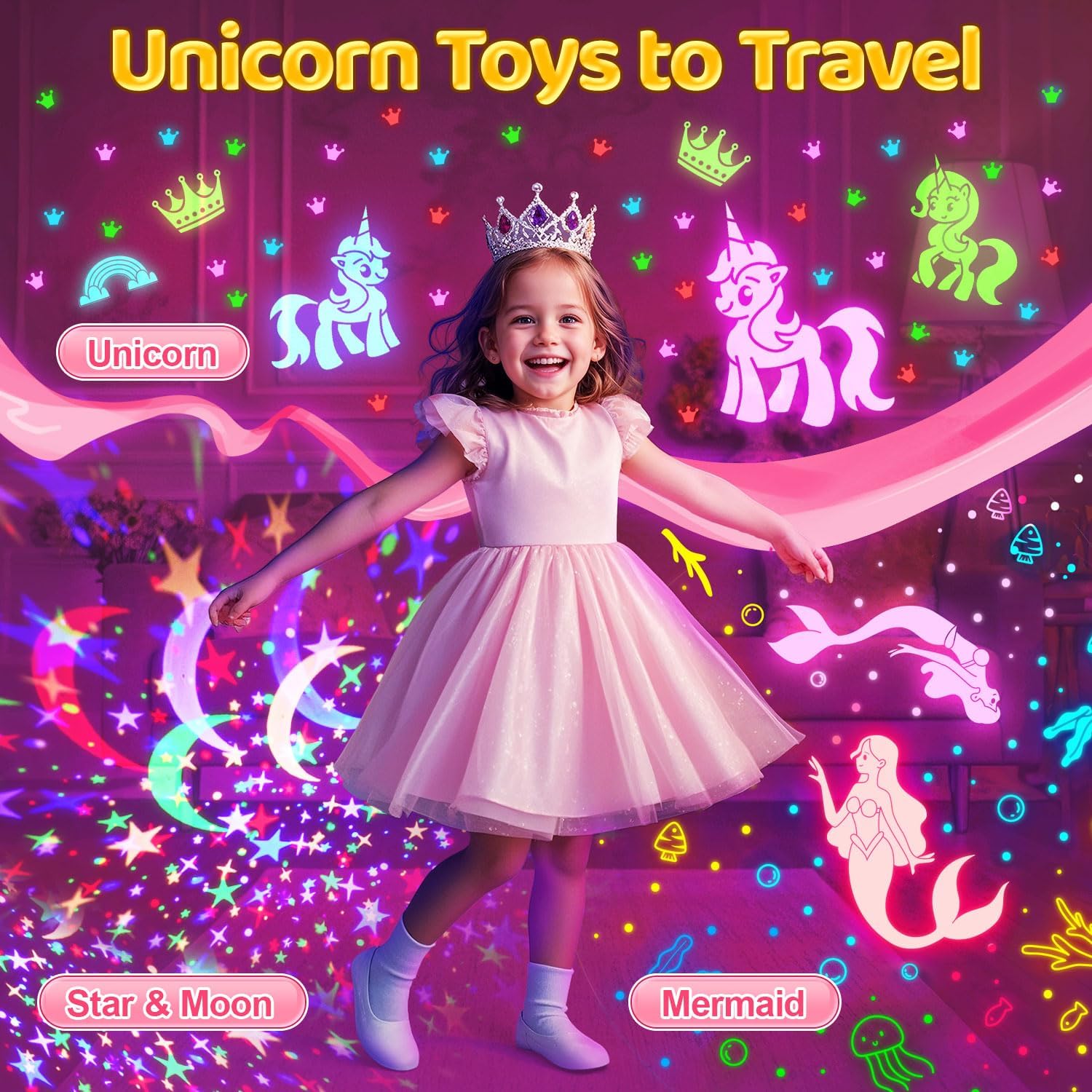 Detalle de COOLNIGHT Unicorn Gifts for Girls Toy (93 Modes + Remote) with Timer & 3 Brightness Settings, 360° Rotating Projector