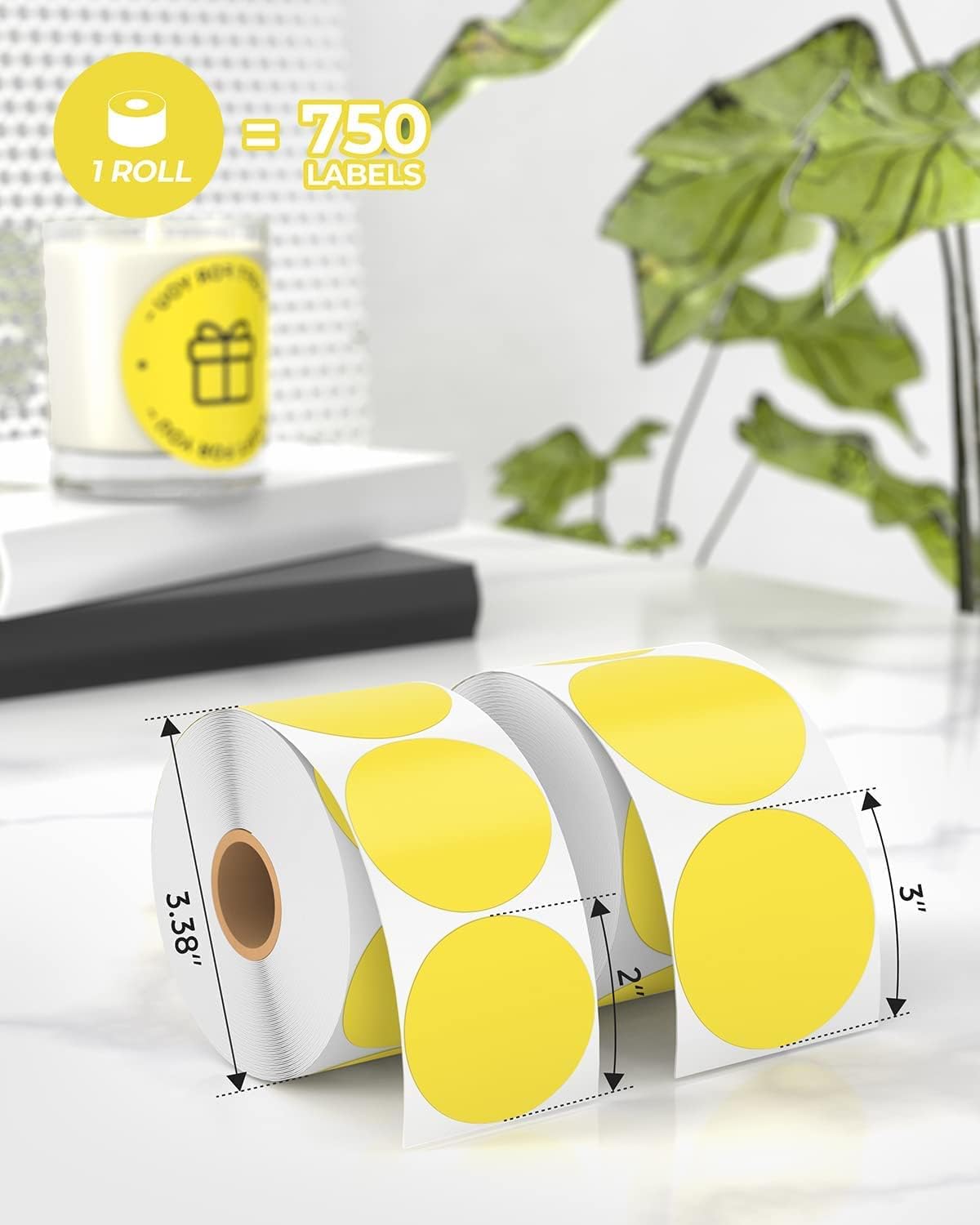 Detalle de MUNBYN 50x50mm Yellow Circle Thermal Sticker Labels – 750 per Roll