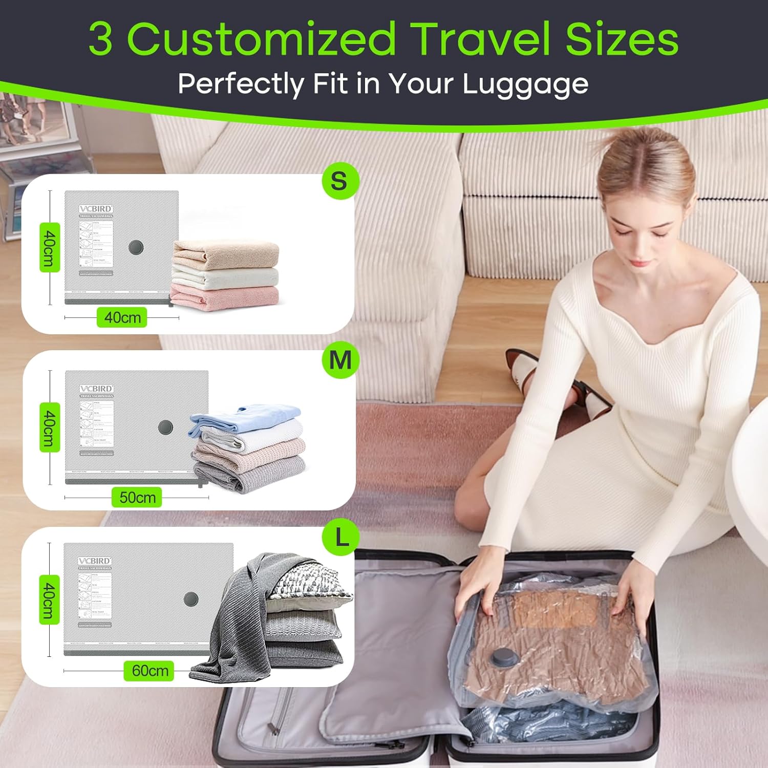 Detalle 2 de Vacbird Vakuumbeutel für Kleidung mit Elektrischer Pumpe – Set aus 12 Beuteln (4×40×40, 4×40×50, 4×40×60) mit USB-Pumpe