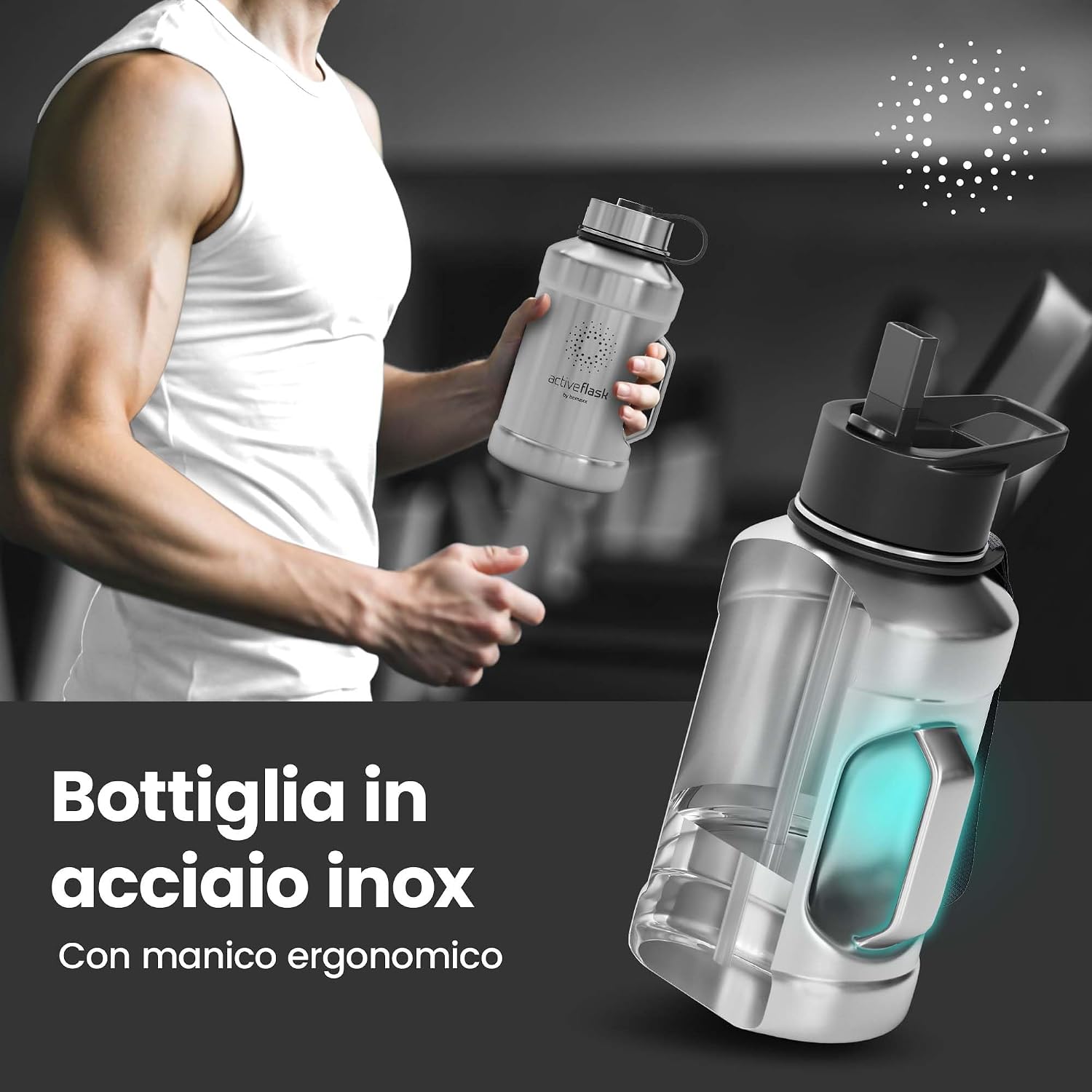 Detalle de Active Flask XL 1,3 L: borraccia in acciaio inox con cannuccia e 3 tappi, resistente a perdite