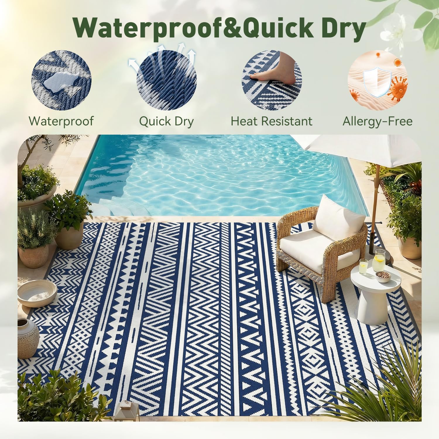 Thumbnail 3 de MontVoo-Outdoor Rug Carpet Waterproof 5x8 ft: Reversible, Durable Boho Navy Blue Patio Rug