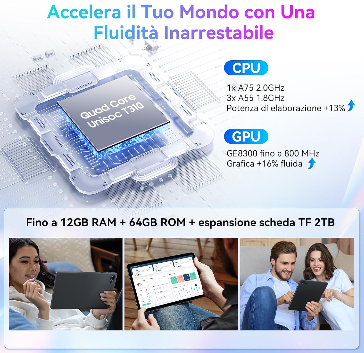 Detalle de TABWEE Android 15 tablette 10" 12 Go + 128 Go (2 To via TF) – 6000 mAh, 5G WiFi et Gemini AI