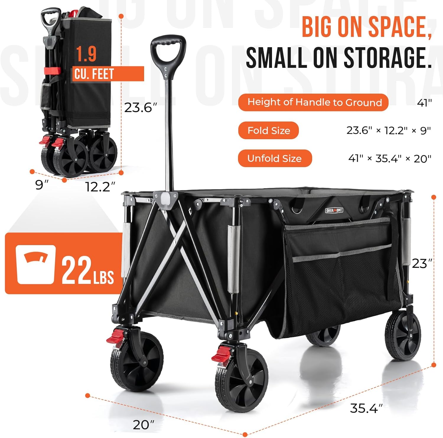 Detalle 2 de OVERMONT OM-NWC-01 150 L Folding Wagon Cart, 330 lb Capacity, Side Storage