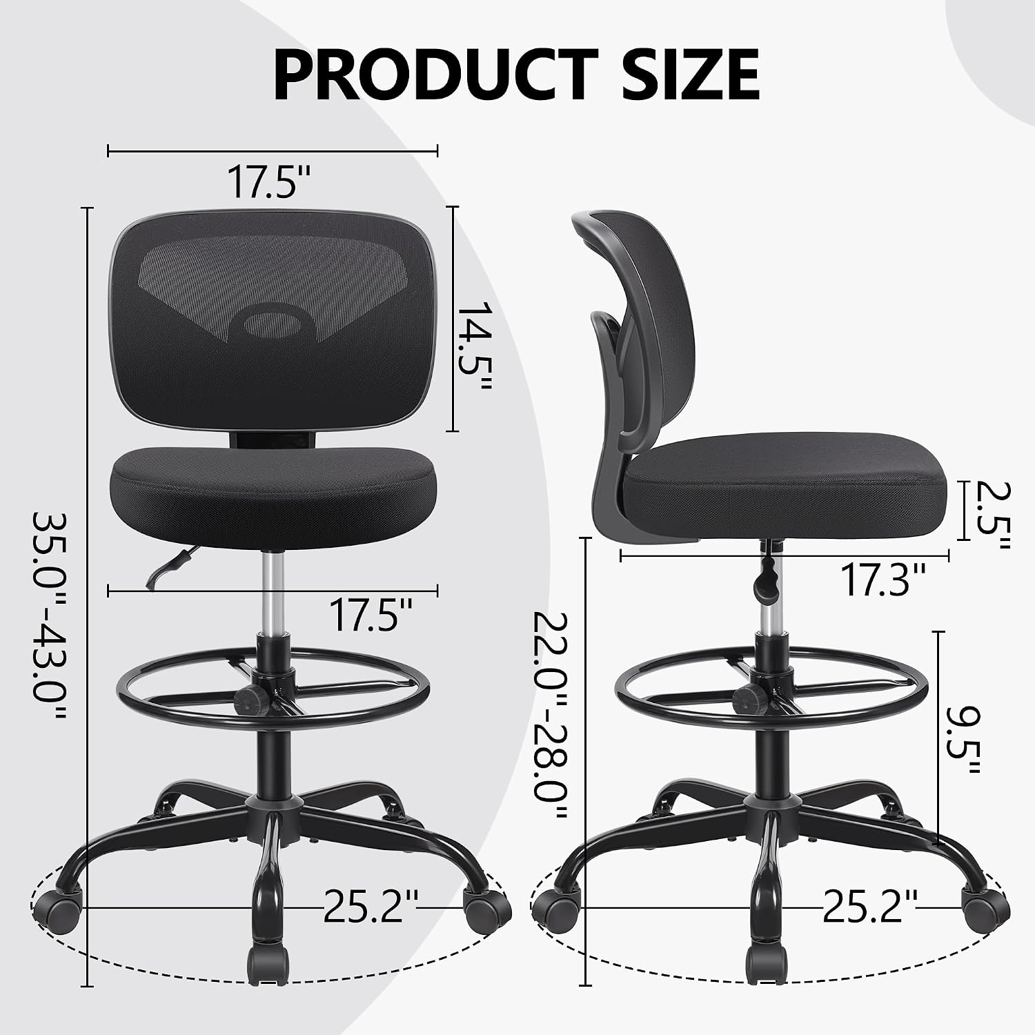 Detalle de Primy PR777-Z Tall Drafting Chair, Adjustable Height, Mesh Back, Foot Ring