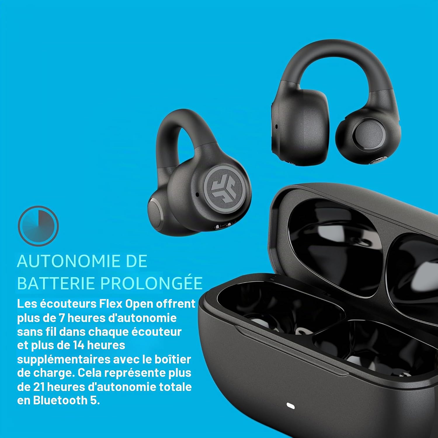 Detalle de JLab Flex casque à oreille ouverte (écouteurs ouverts) avec Bluetooth multipoint, micro et personnalisation via application — Noir