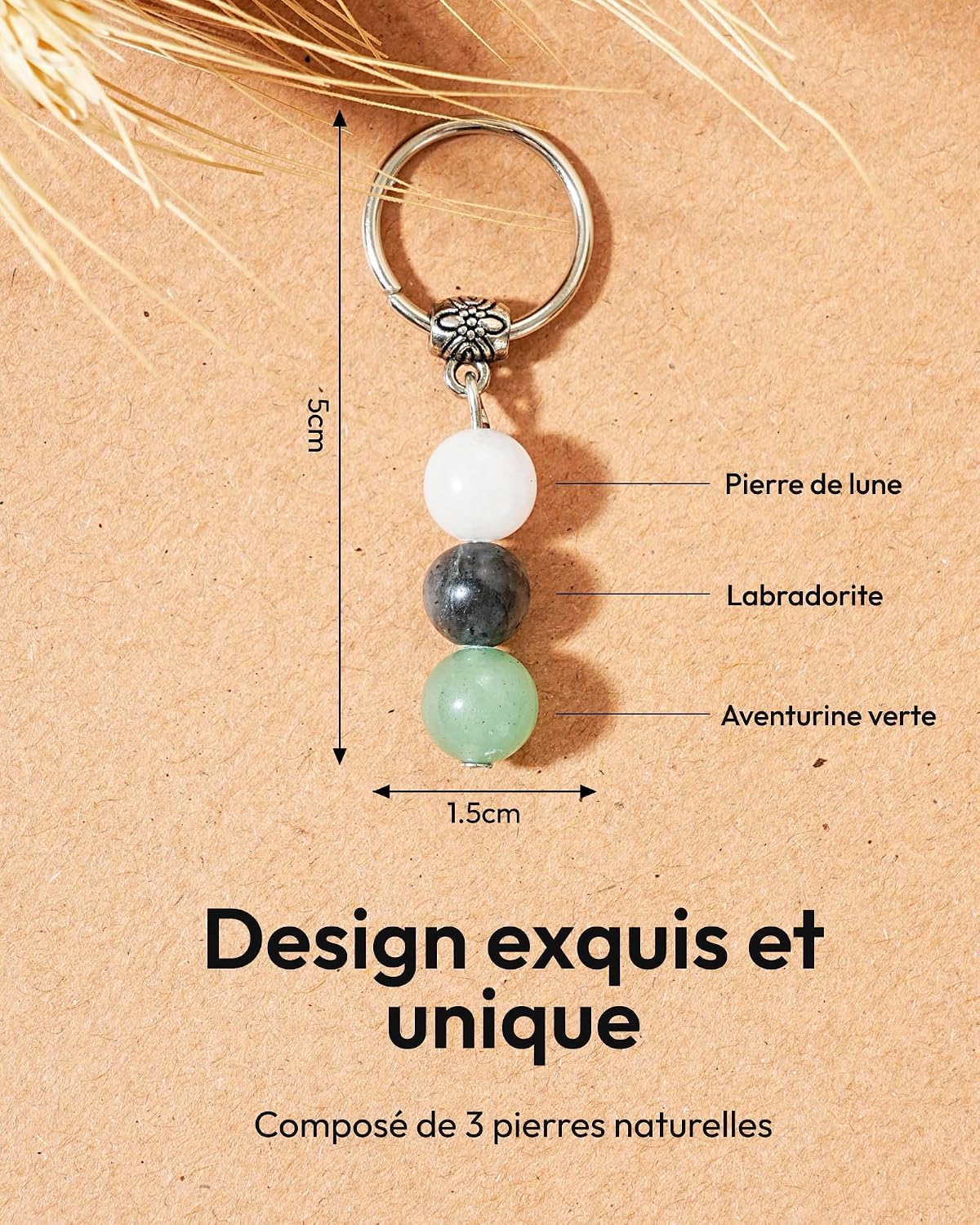 Detalle de Porte-clés en pierres lune, labradorite et aventurine verte – Merclix, cadeau femme original