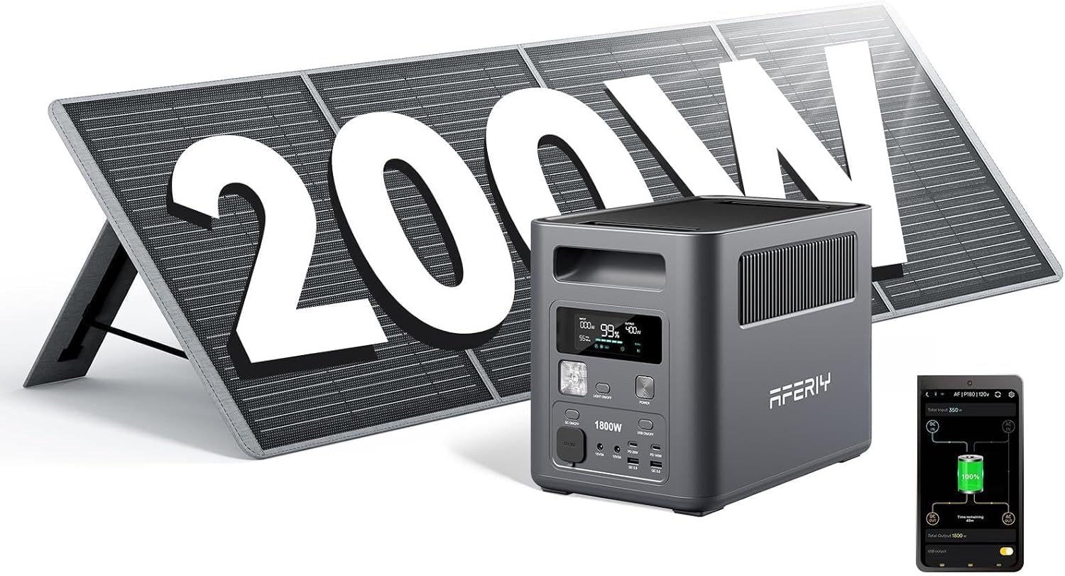 Detalle de AFERIY P180 Générateur Électrique Portable 1024Wh avec Panneau Solaire 200W – Station Polyvalente pour Camping, RV et Maison