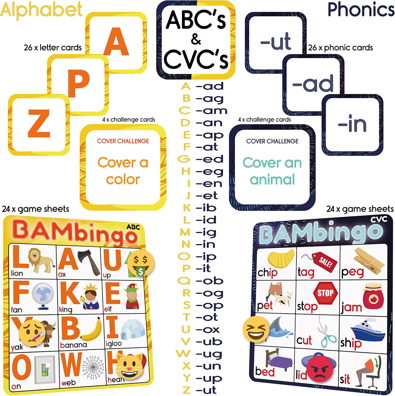 Detalle de BAMBingo Alphabet and Phonics Bingo Game with 26 Letter and 26 Phonics Cards