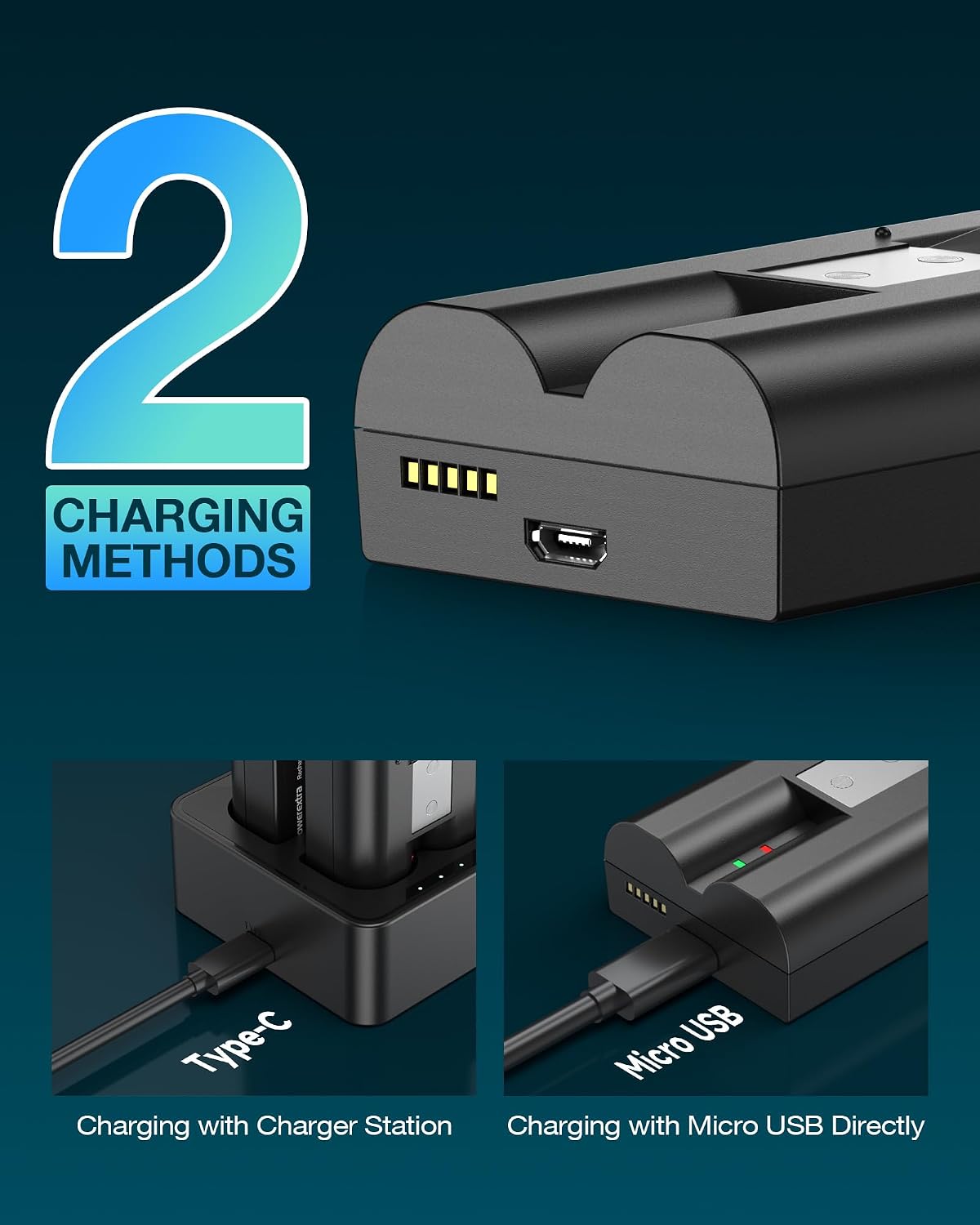 Detalle de FirstPower 2-Pack Replacement Battery for Ring Devices (6040mAh) with Charger Station