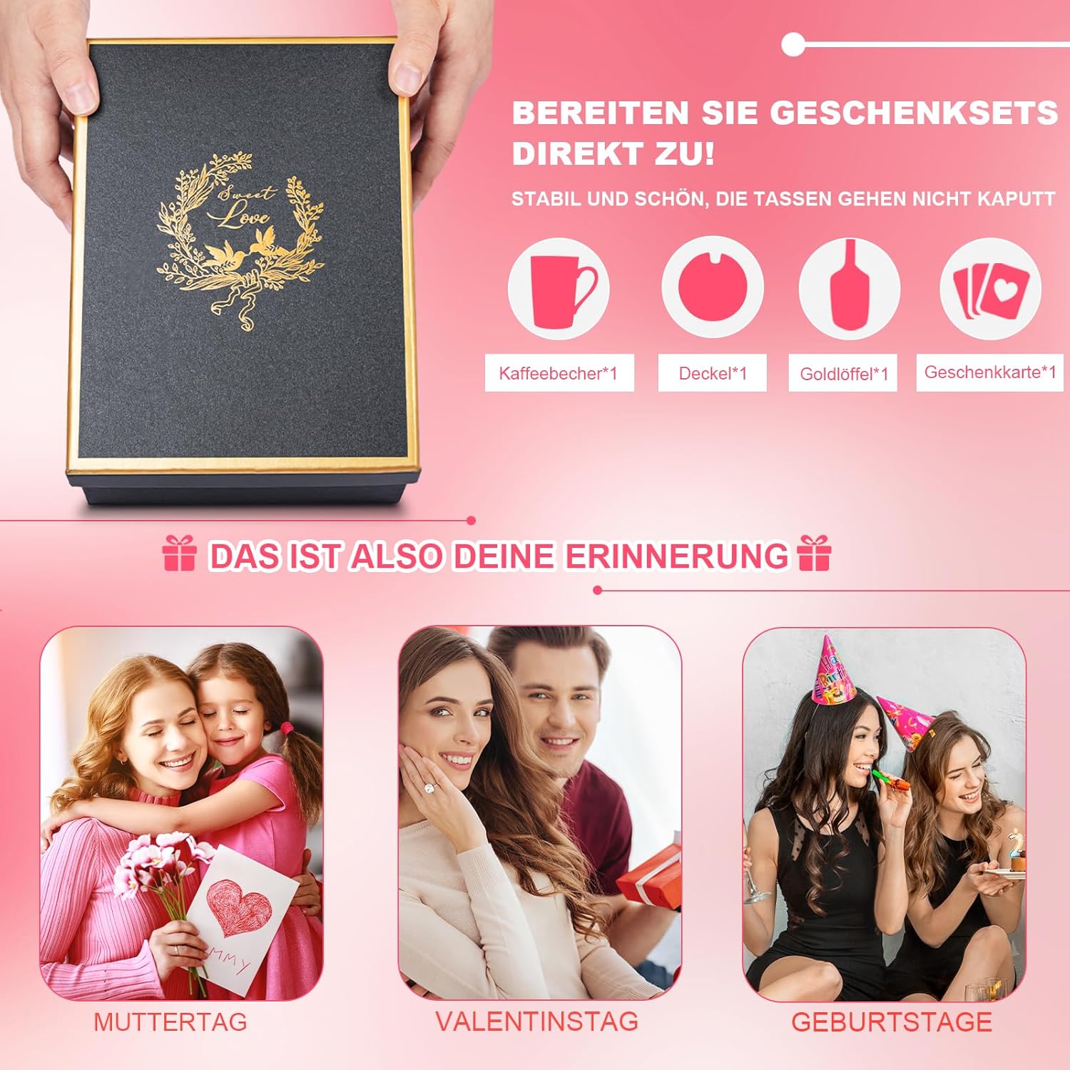 Thumbnail 6 de Dankeschön Geschenke für Frauen – Rosa Marmorkaffeetasse 400ml mit Golddruck, Deckel, Löffel und Geschenkbox