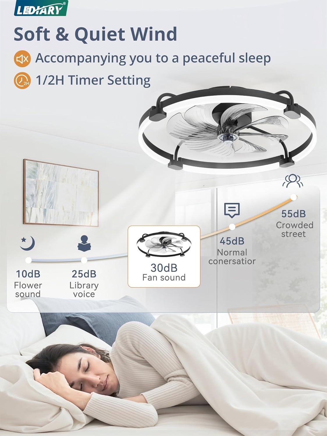 Detalle 1 de LEDIARY LM24 24-Inch Low-Profile Ceiling Fan with Light, Black, 6 Speeds