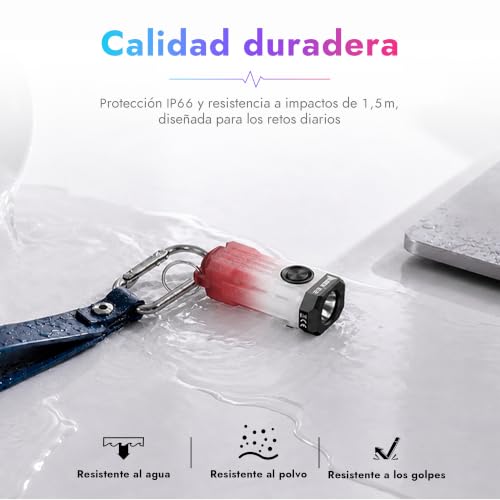 Detalle de WUBEN E2 Mini: linterna LED recargable 3‑en‑1 para llavero y collar