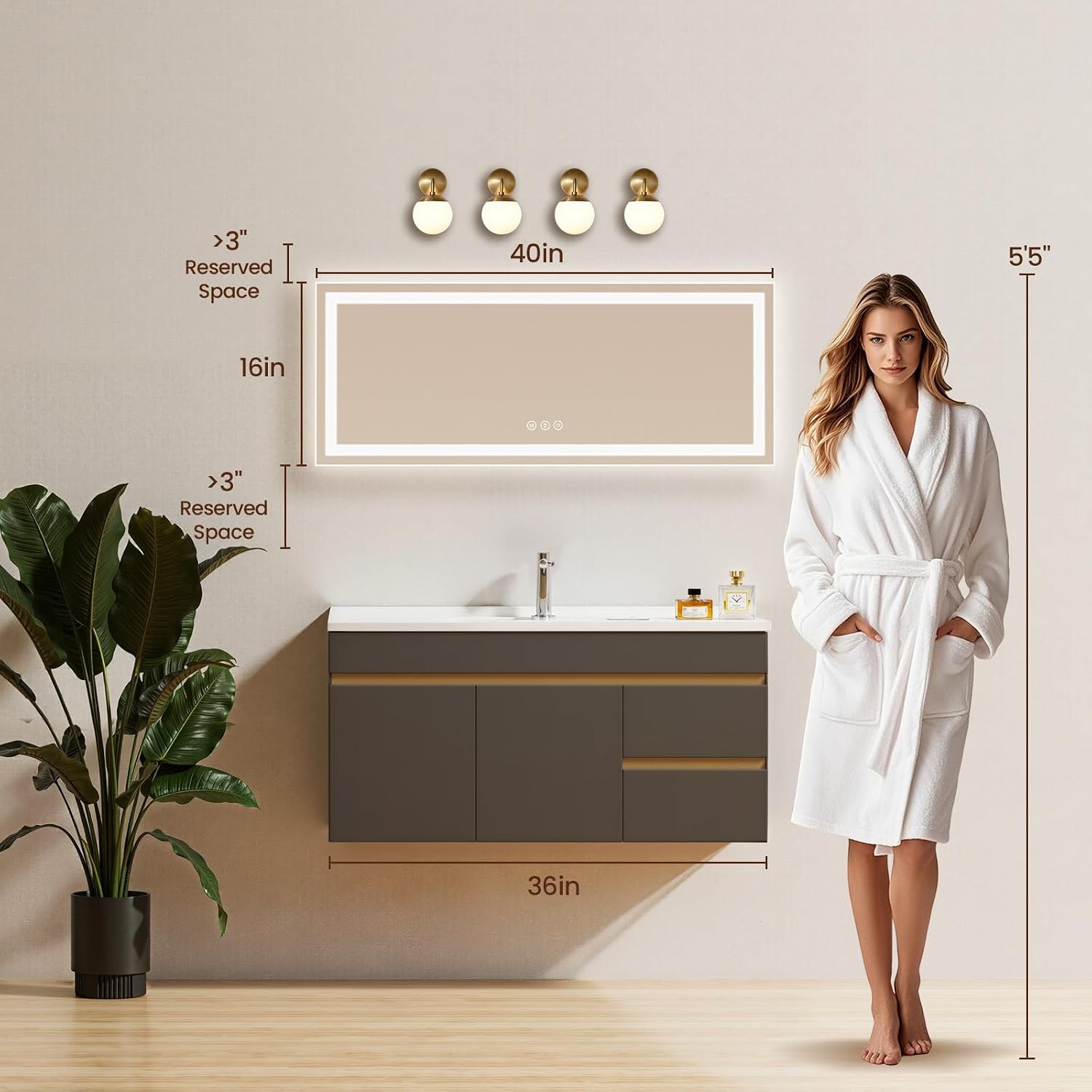 Detalle 2 de Rpoesx 16 x 48 in. LED Bathroom Mirror, 3-Colour, Dimmable, Anti-Fog