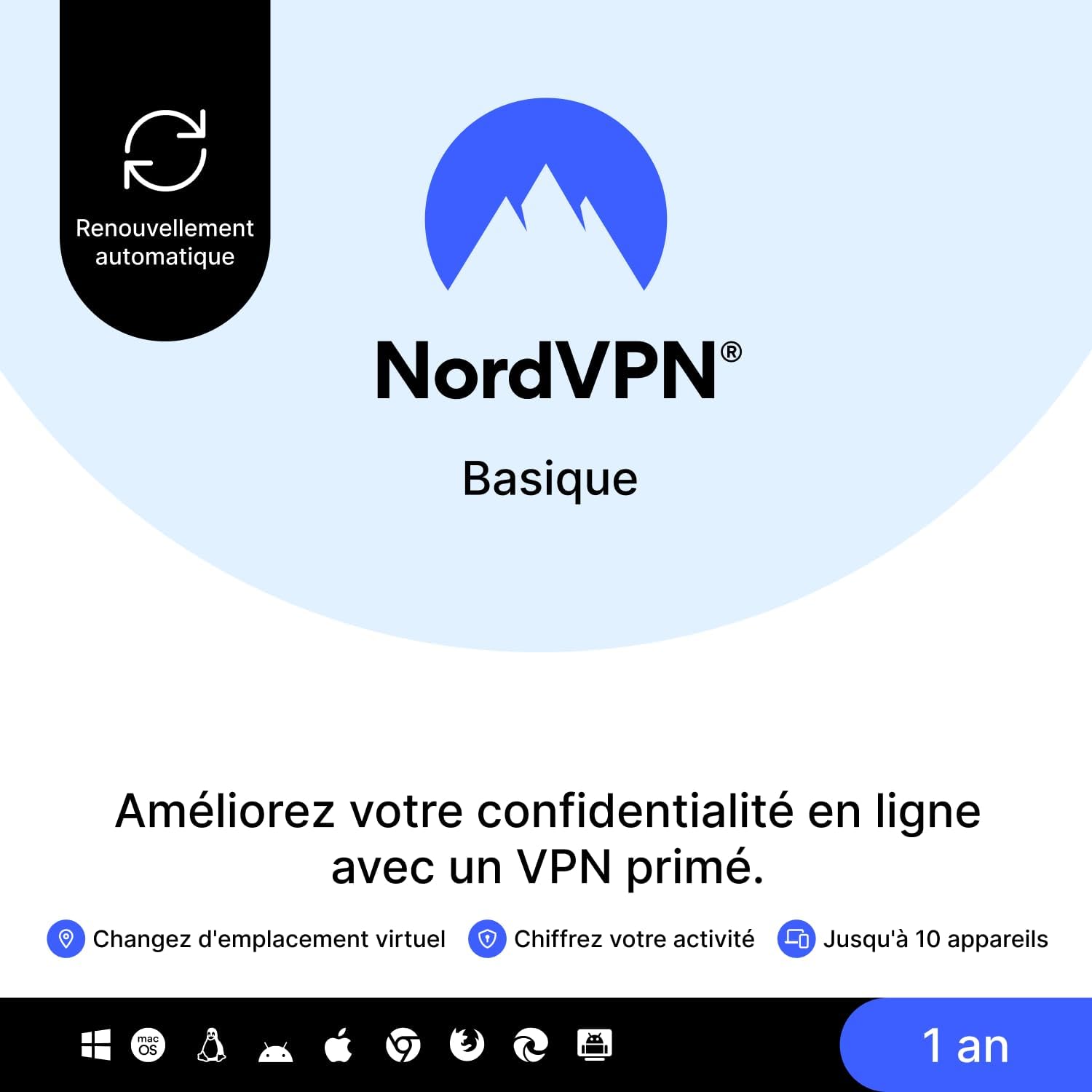 Detalle de NordVPN Basique — 10 appareils, 1 an, VPN Premium (Amazon)