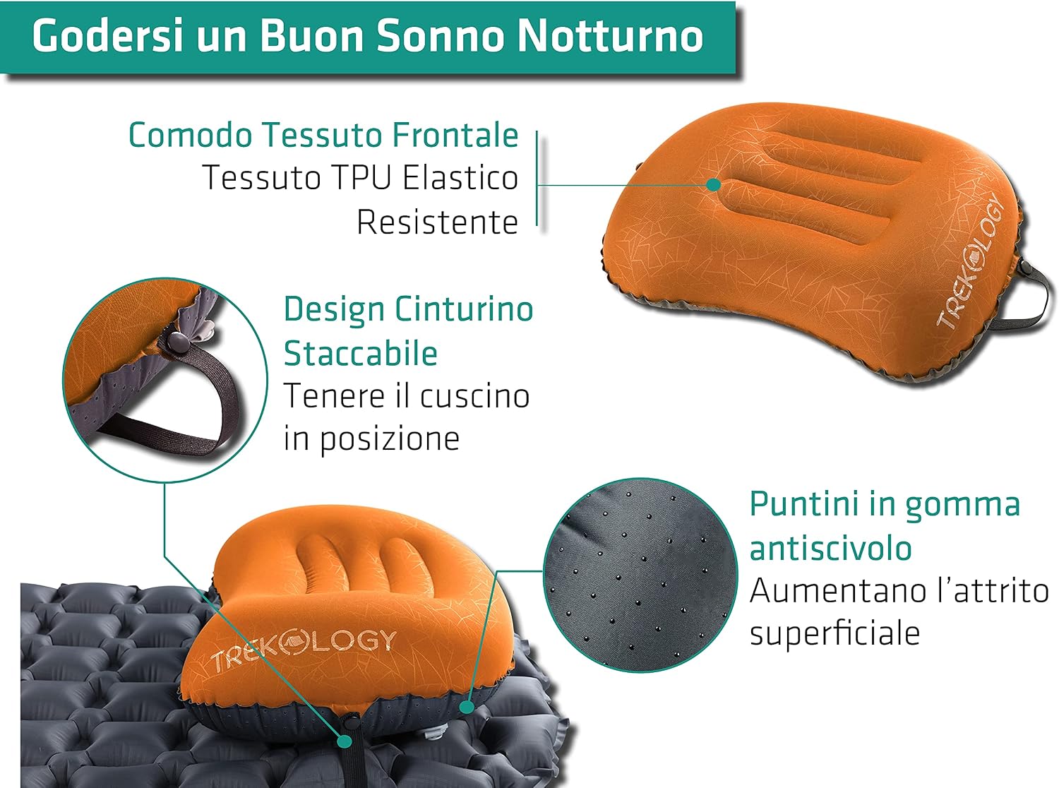 Detalle de TREKOLOGY ALUFT 2.0 cuscino gonfiabile ultraleggero da viaggio e campeggio (ORANGE)