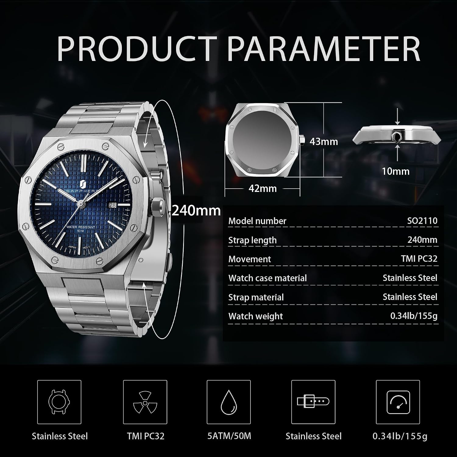 Thumbnail 6 de SAPPHERO montre homme octogonale en acier à quartz japonais – cadran damier, étanchéité 10/30M