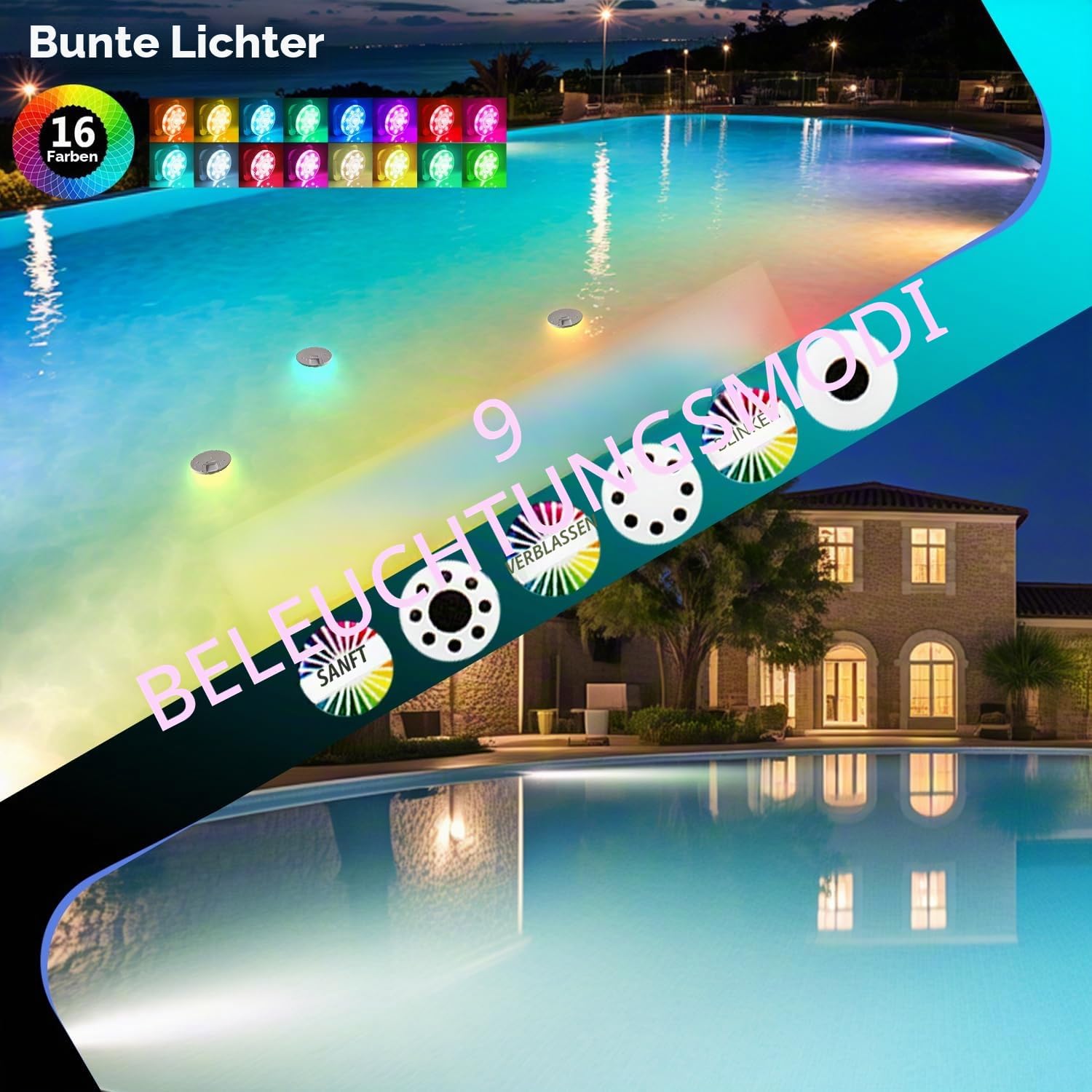 Thumbnail 4 de idyl light Unterwasser-Poolbeleuchtung, wiederaufladbar mit Fernbedienung (2 Stück, IP68)
