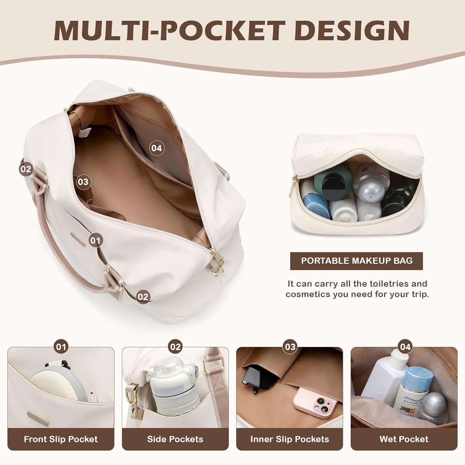 Thumbnail 2 de Sac de Voyage Femme 46L avec Trousse et Compartiment Chaussures – Blanc cassé