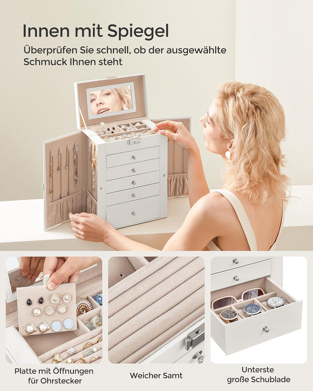 Detalle de SONGMICS Schmuckkästchen 6 Ebenen, 5 Schubladen, abschließbar