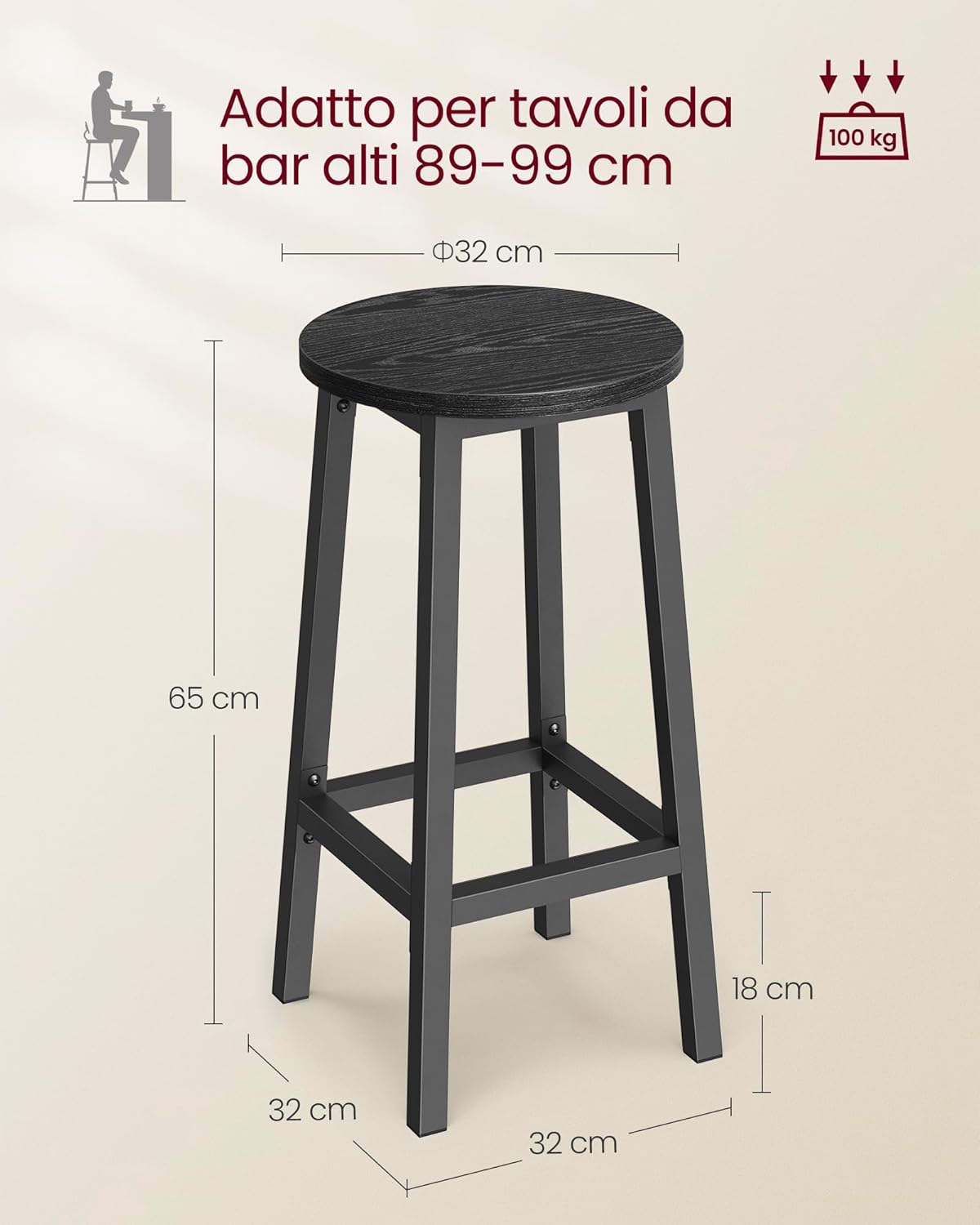 Thumbnail 2 de VASAGLE set di 2 sgabelli da bar LBC032B56, 65 cm, con poggiapiedi (nero ebano e nero classico)