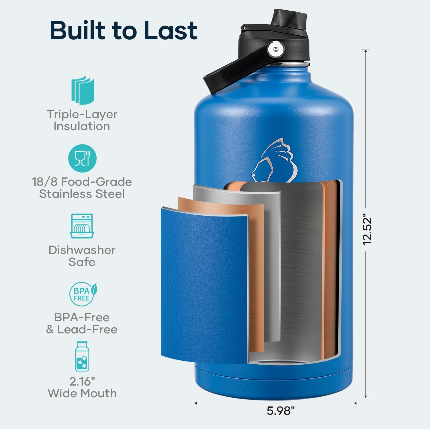 Detalle 2 de BUZIO 1 Gallon Water Jug with Straw Handle Lid – 128oz Stainless Steel Insulated Bottle