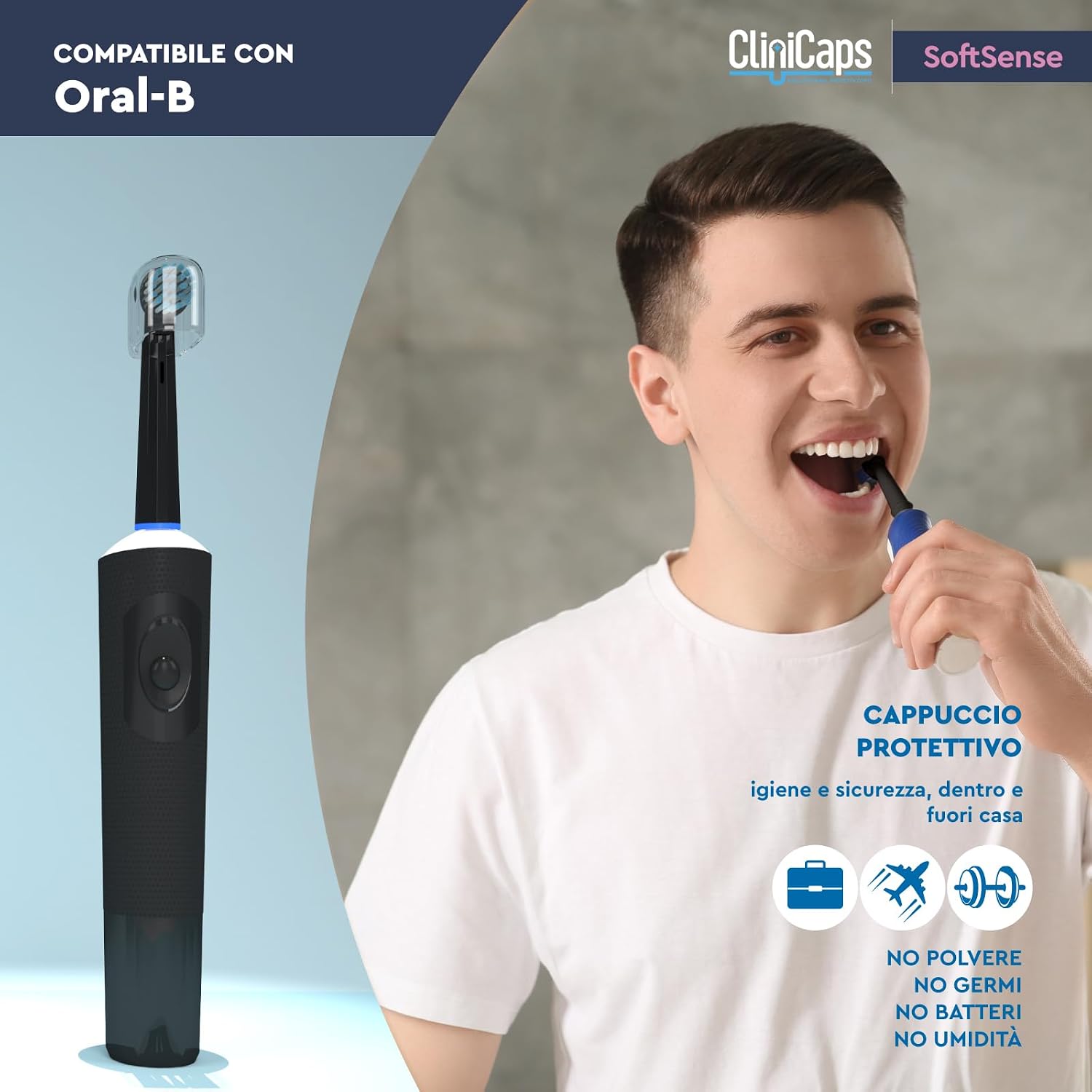 Thumbnail 2 de CliniCaps SoftSense: 4 testine morbide per spazzolino elettrico compatibile Oral-B, nere