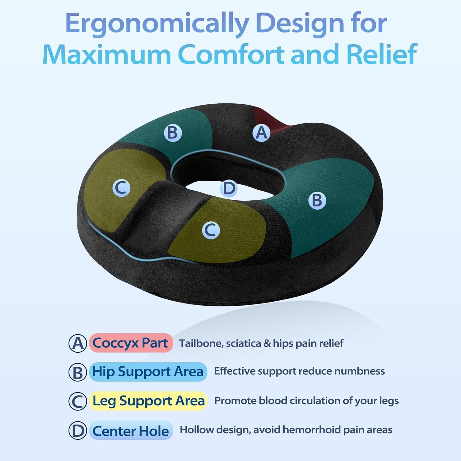 Thumbnail 2 de HOMCA Cushion de Chaise Donut Orthopédique en Mousse à Mémoire – Soutien coccyx et confort longue durée