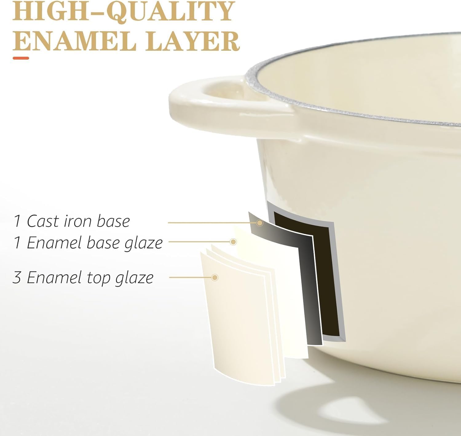 Detalle de Overmont 26cm Enamelled Cast Iron Round Casserole Pot with Lid – 5.2L Cream White