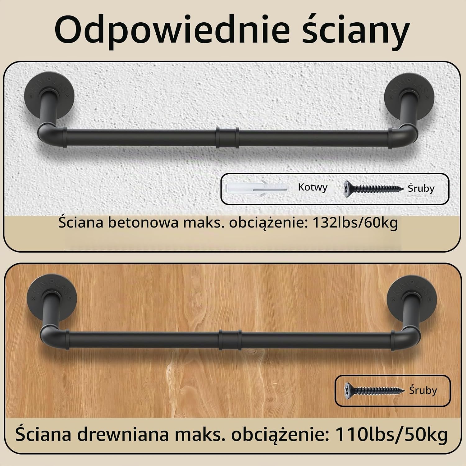 Thumbnail 5 de YheenLf HCR64B-1 – ścienny wieszak na ubrania 64 cm, żelazny, czarny