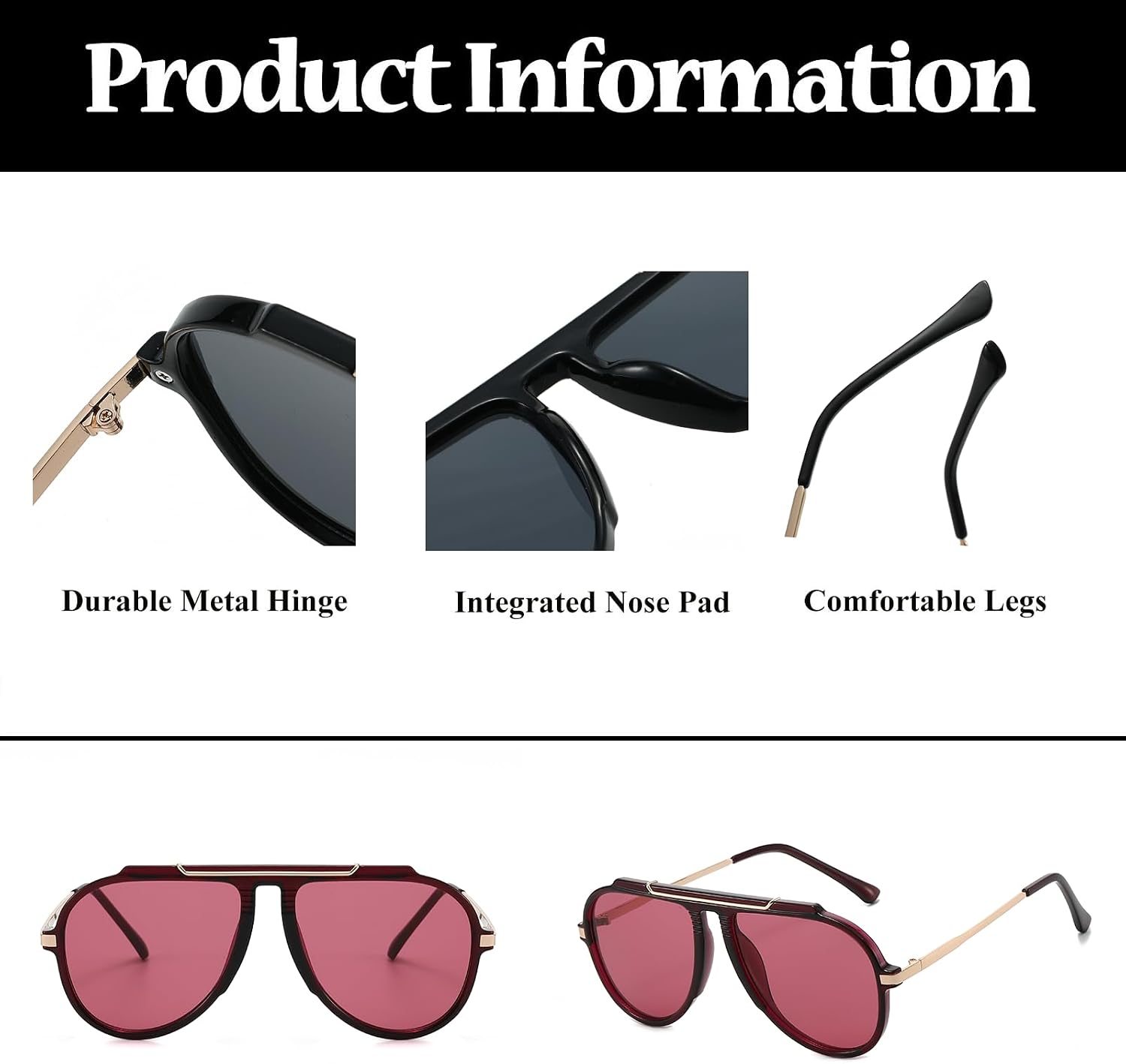 Detalle de LJCZKA Oversized Pilot Sunglasses – Gold Metal Frame, UV400 Protection