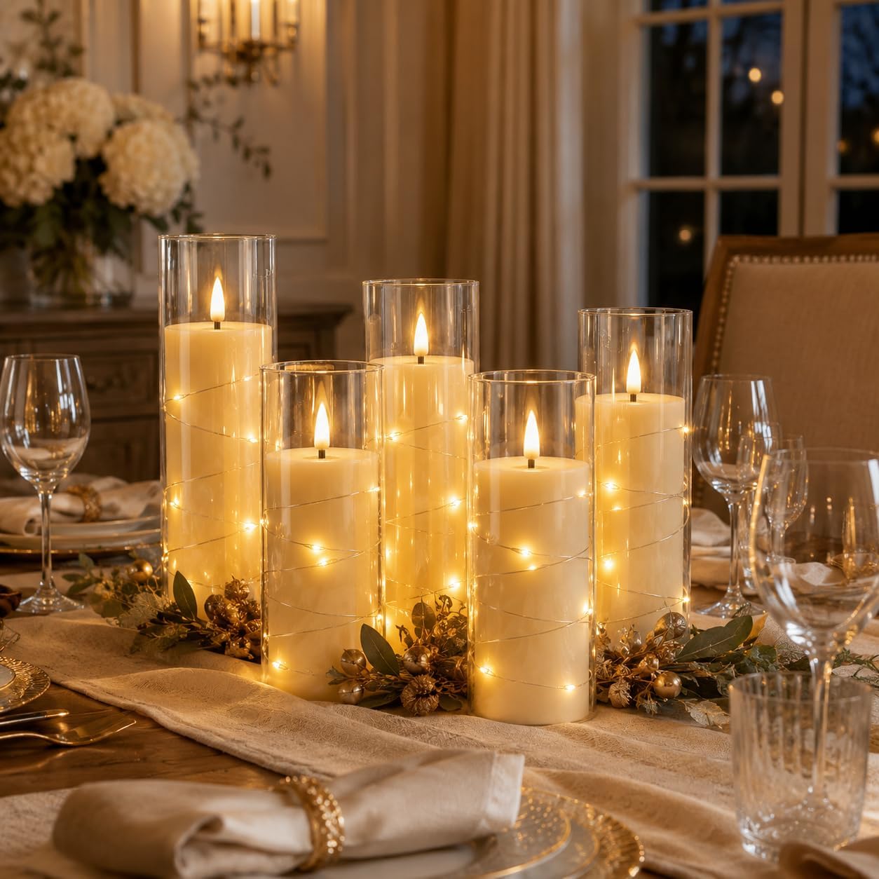 Detalle 2 de Da by 5 Candele LED Avorio con Luci Fatate – 5 pezzi con telecomando, vetro trasparente e fiamma tremolante