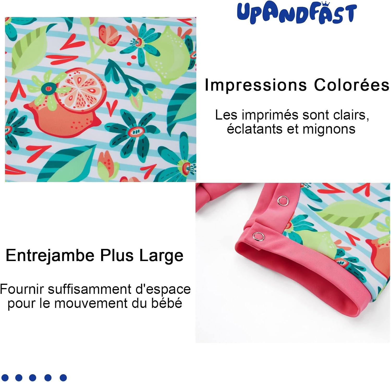 Detalle de Maillot de Bain upandfast pour bébé et enfant UPF 50+ avec boutons au bas et fermeture éclair