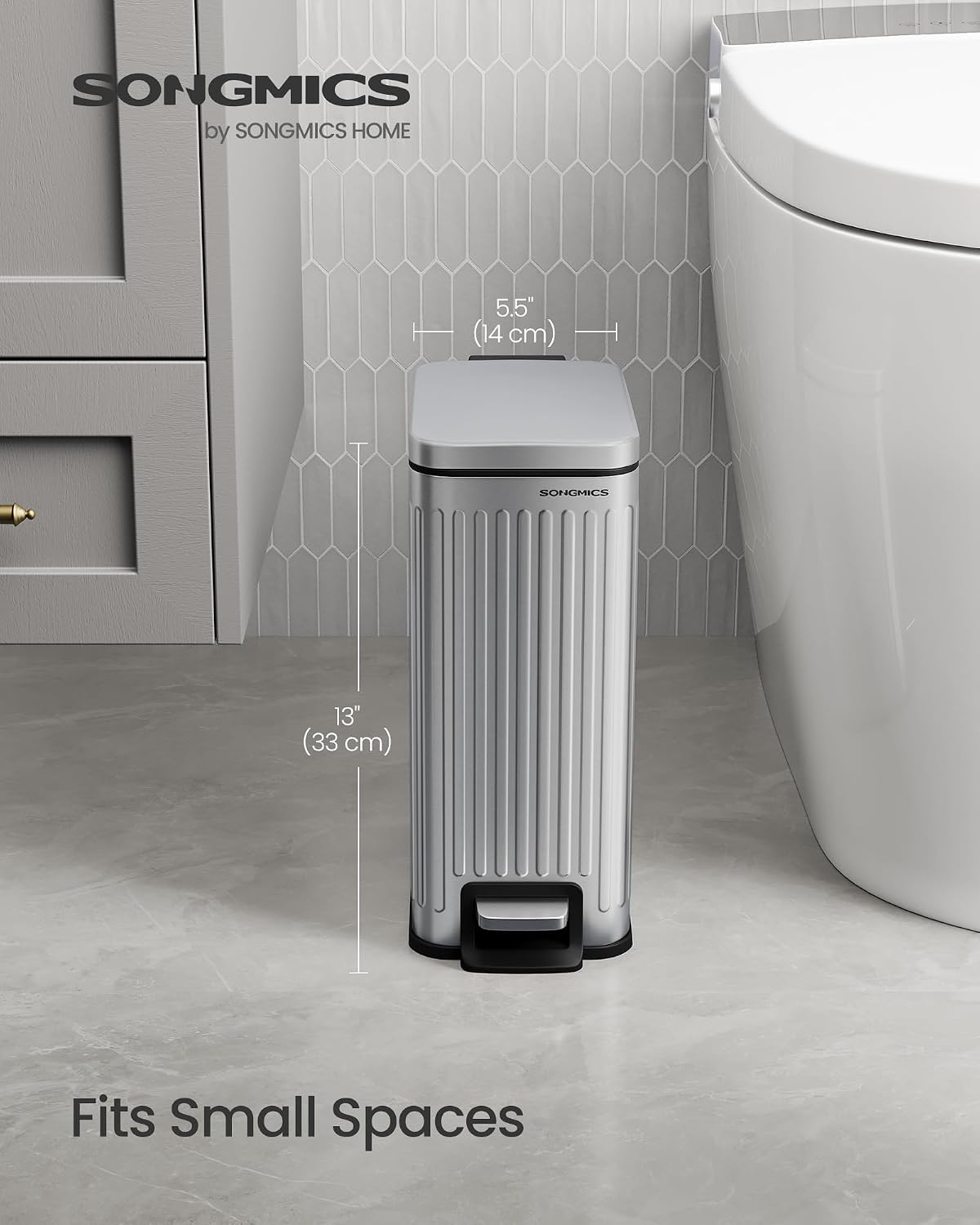 Detalle 2 de SONGMICS ULTB563E01 Bathroom Trash Can, 1.6-Gallon Slim Stainless Steel