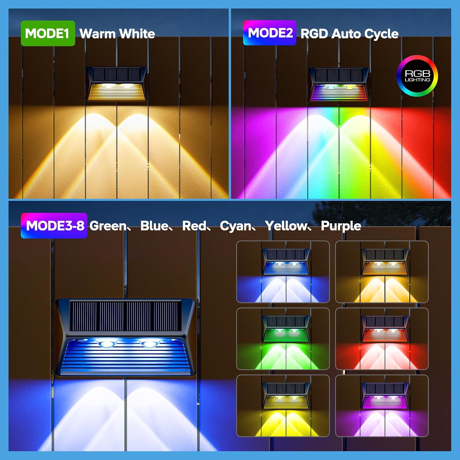 Detalle 2 de BUCASA Solar Fence Lights Outdoor Garden 4 Pack: 3000K Warm + RGB Colour, 8 Modes, IP65, Solar Powered