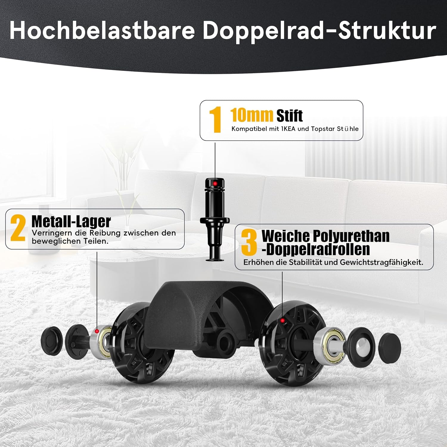 Thumbnail 2 de Mastery Mart Set da 5 rotelle per sedia da ufficio con perno 10 mm x 22 mm (nero)