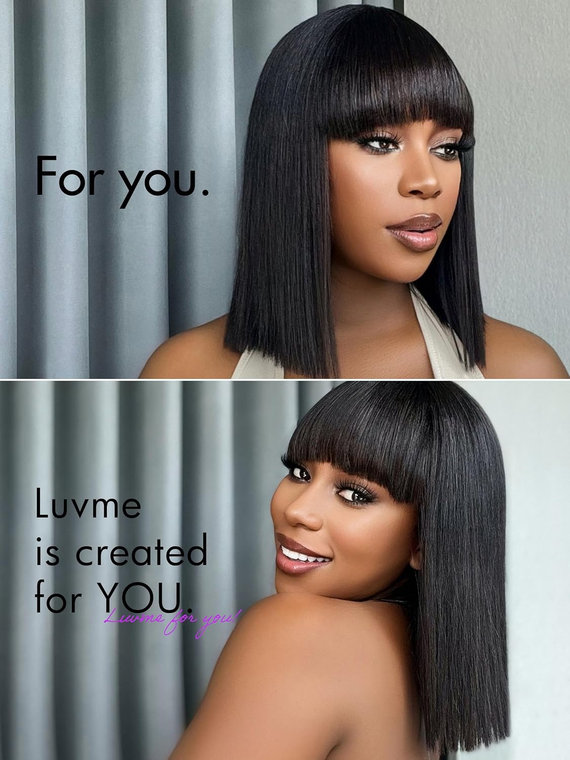 Thumbnail 6 de LUVME HAIR 12 Inch Light Yaki Straight Bob Wig with Bangs – Glueless, 180 Density, Realistic HD Lace