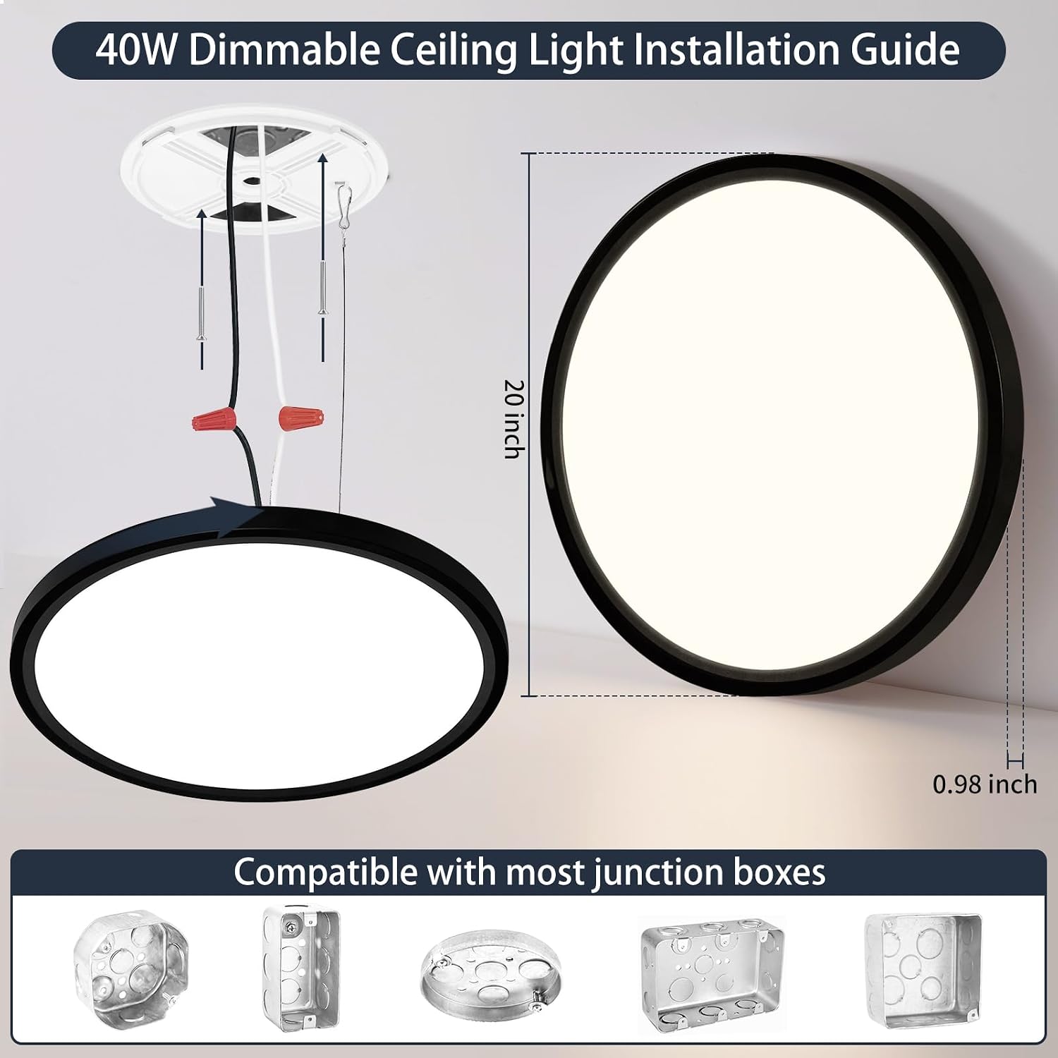 Detalle de KIWIVIC LT0108-BMGT-T01 20-Inch Flush-Mount LED Ceiling Light, Dimmable