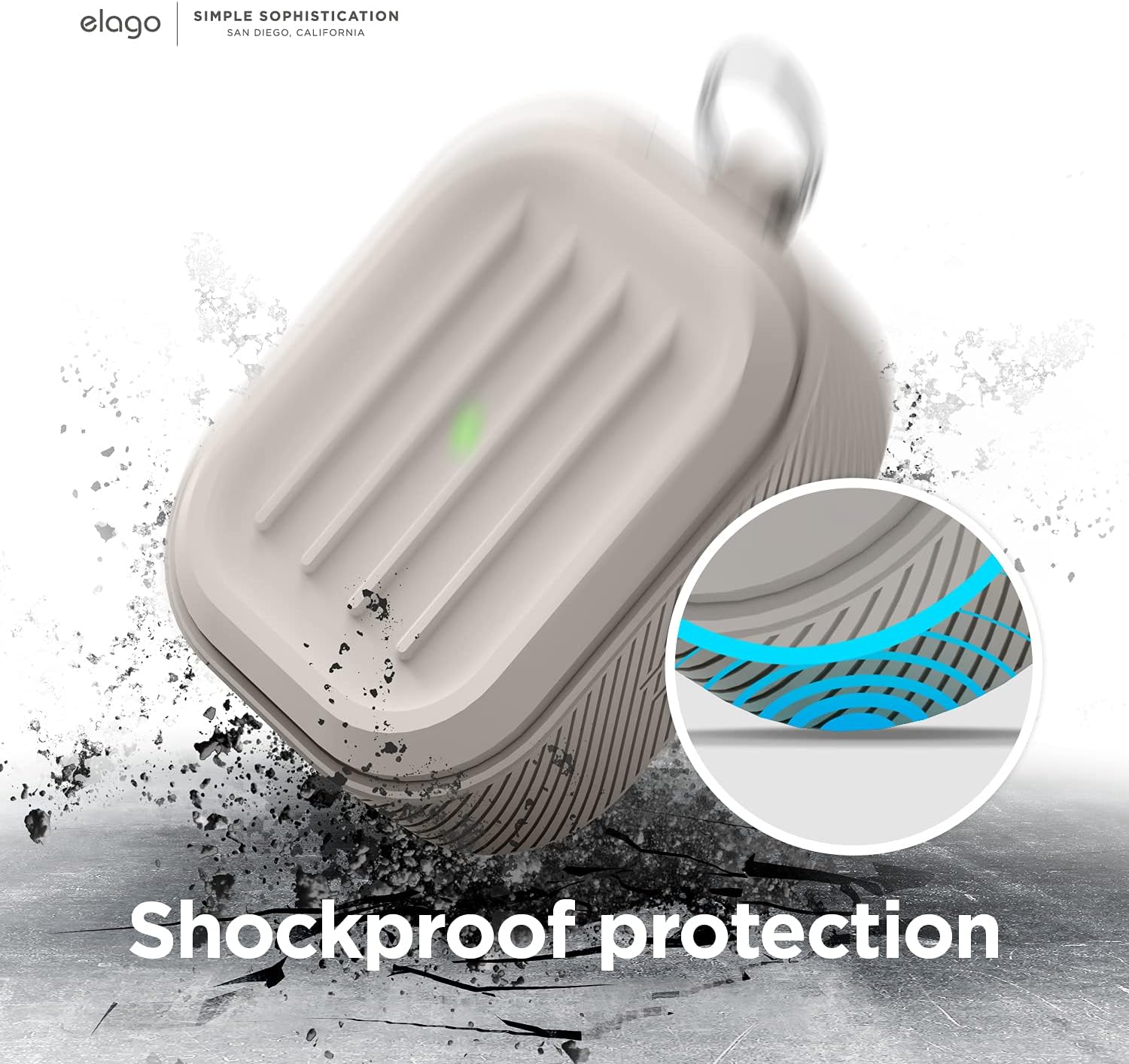 Detalle de elago Coque armée avec porte-clés pour AirPods 3 (Stone) : protection + recharge sans fil