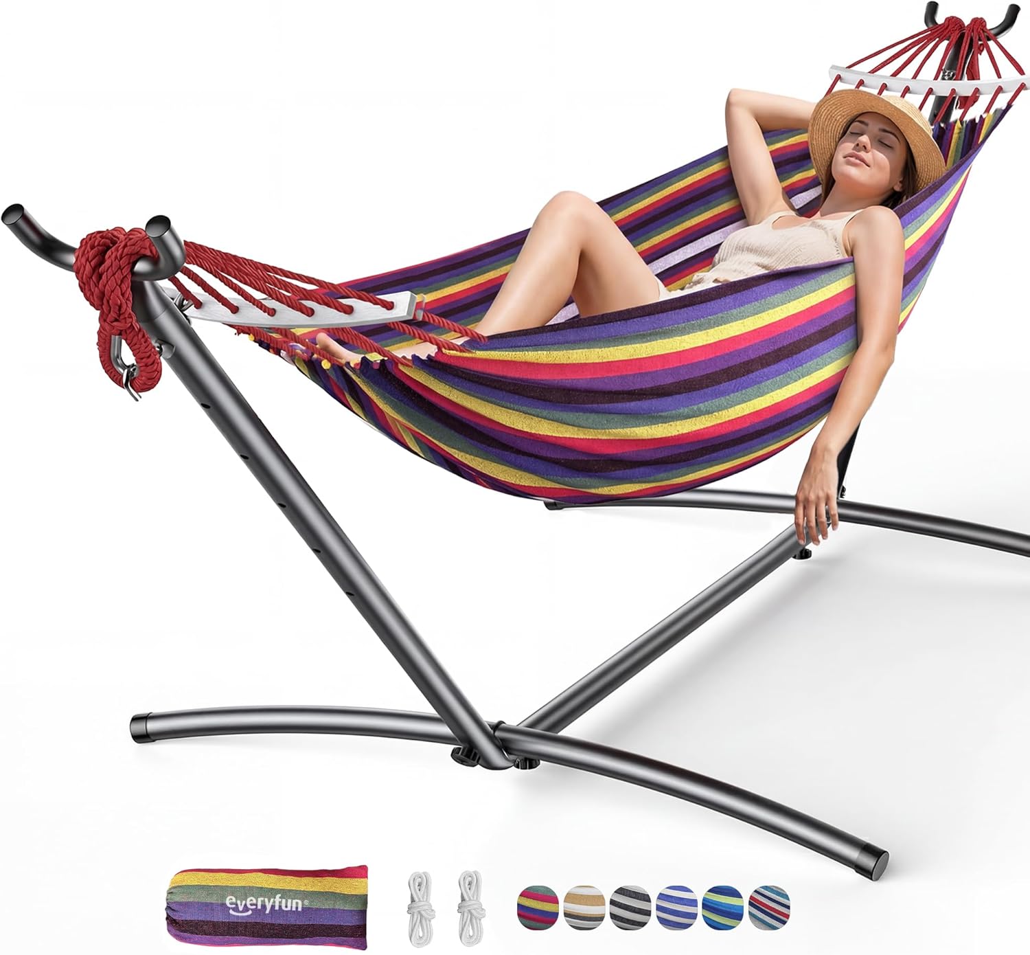 Everyfun DC Double Hammock with Stand, Rainbow Cotton, 600 lb Capacity