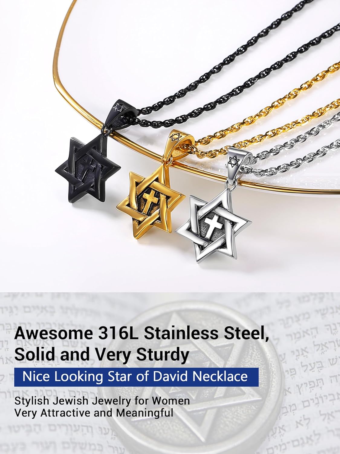 Thumbnail 5 de PROSTEEL Collier homme Magen David en acier inoxydable 316L plaqué or 18 carats, pendentif étoile de David