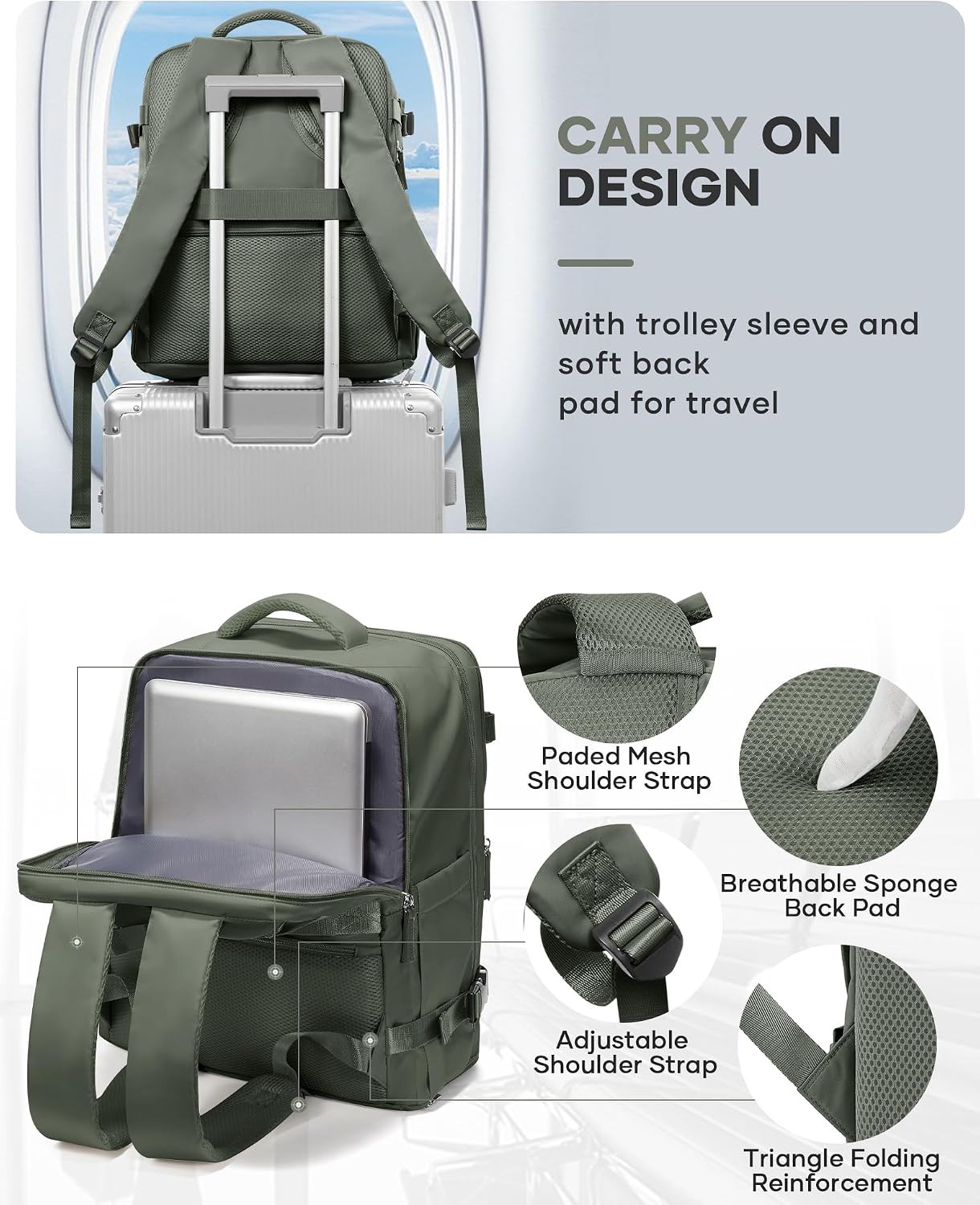 Detalle 2 de BJLFS Mochila de cabina 40x30x20 para avión (Ryanair/Wizz Air/Vueling), portátil 17” y bolsillo seco-húmedo - Verde