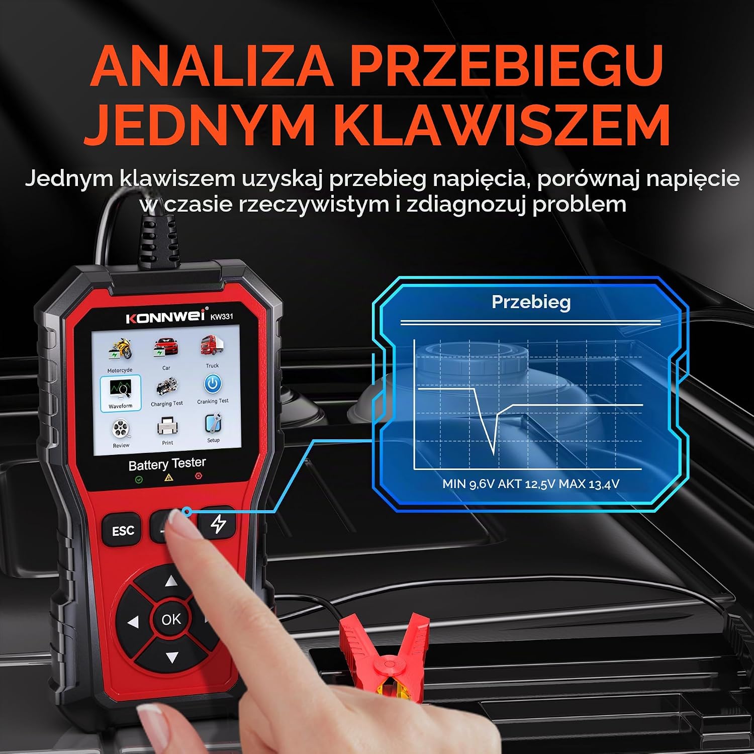 Detalle 1 de KONNWEI KW331 tester akumulatorów 6 V, 12 V i 24 V, kolorowy ekran, drukowanie wyników