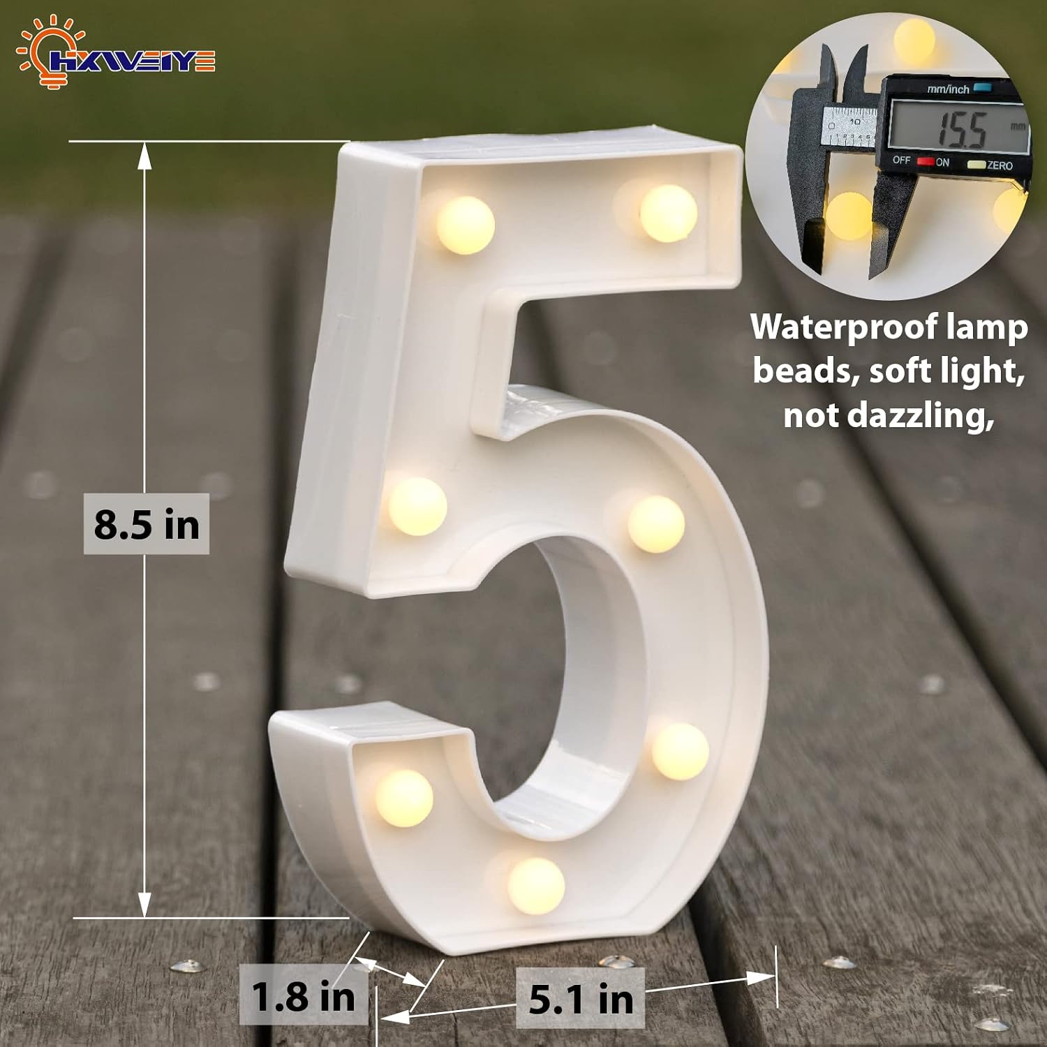 Detalle 2 de HXWEIYE Light Up Number 5, 8.58-Inch Battery-Operated Warm White LED