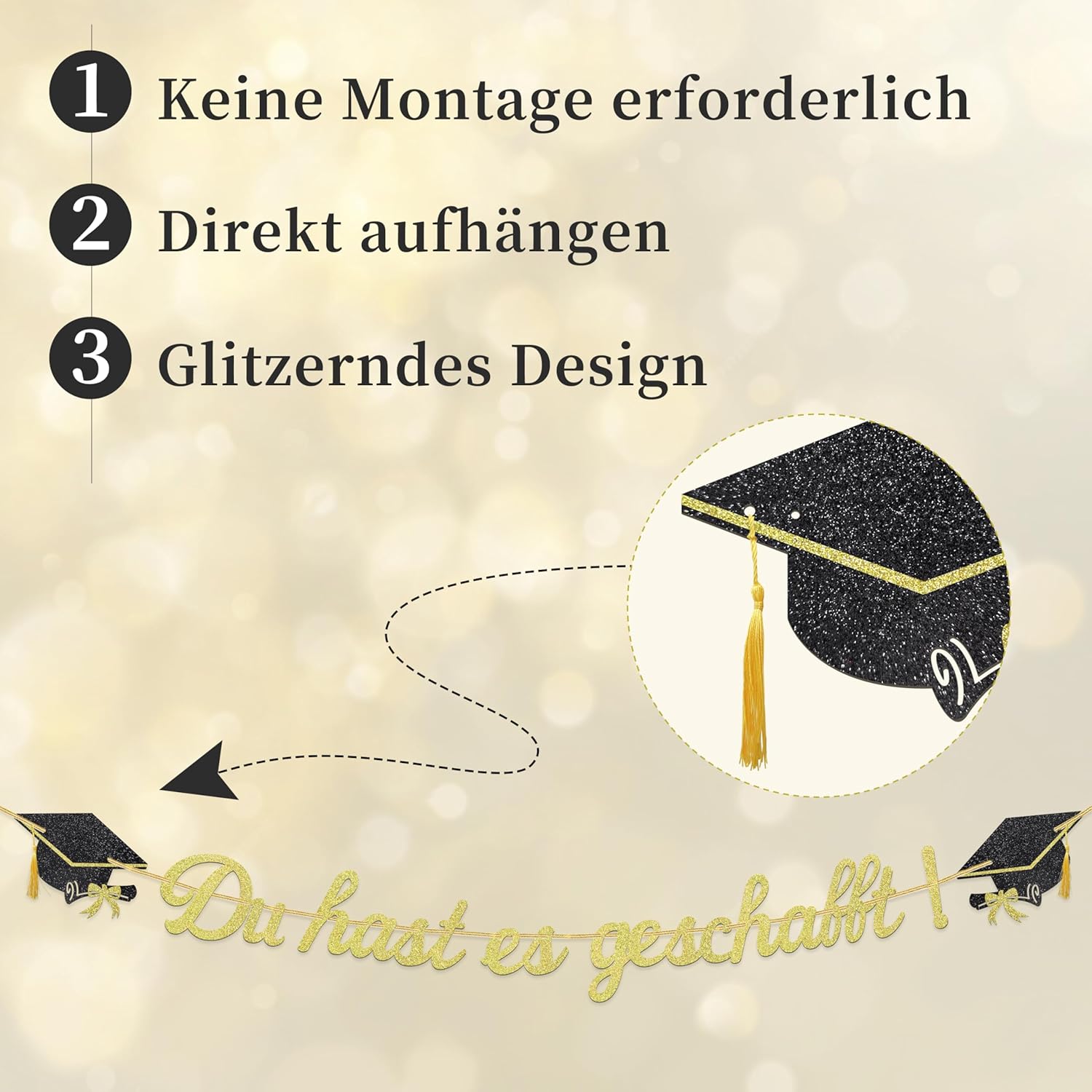 Detalle de Glitzer 2026 Graduation Deko Girlande – Du hast es geschafft Banner (2,5 m) in Gold