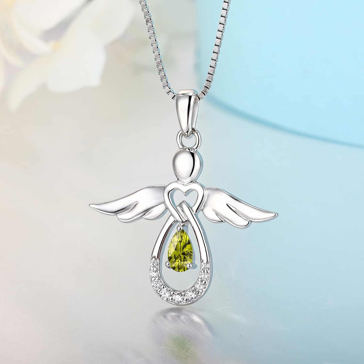 Detalle de FJ Damen Kette „Schutzengel“ mit Anhänger aus 925 Sterling Silber, Zirkonia und Geburtsstein