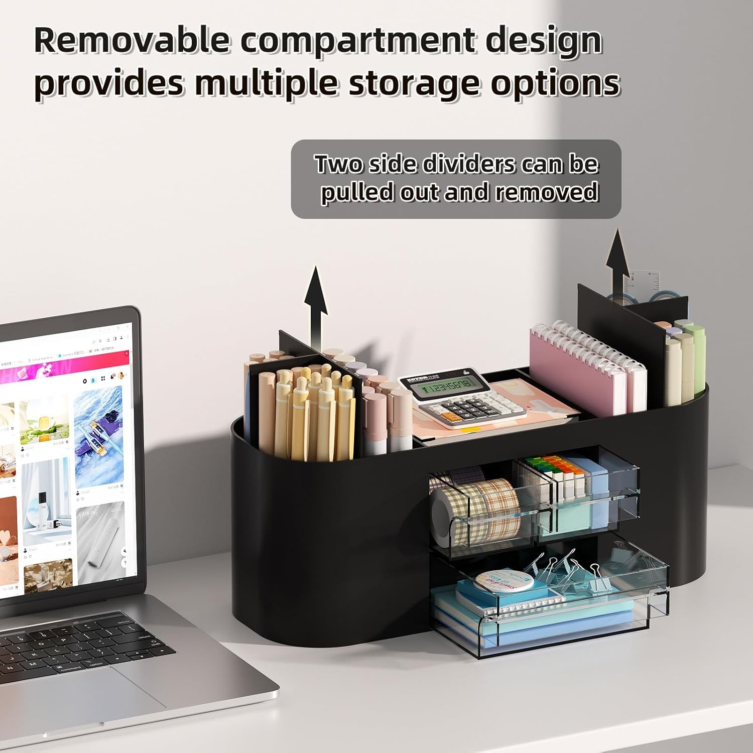 Thumbnail 2 de Marbrasse Schreibtisch Organizer mit 3 Schubladen und 7 Fächern – Vielseitiger Stiftehalter aus PS, Schwarz